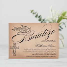 Elegantes Vintages Skriptkreuz und Dove Bautizo Einladung