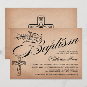 Elegantes Vintages Skriptkreuz und Taubentaufe Einladung