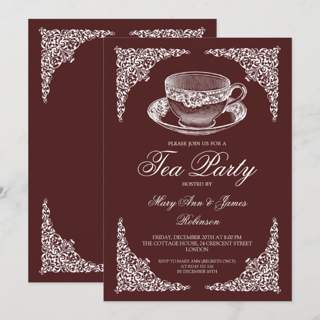 Elegantes Vintages Tea Party Einladung (Vorne/Hinten)