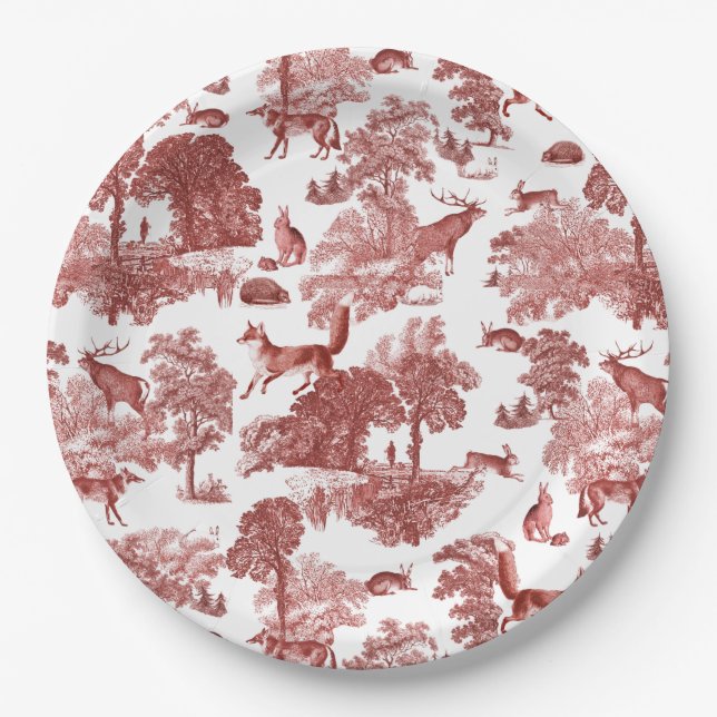 Elegantes Vintages Waldland Fox Rabbit Rot Toile Pappteller (Vorderseite)