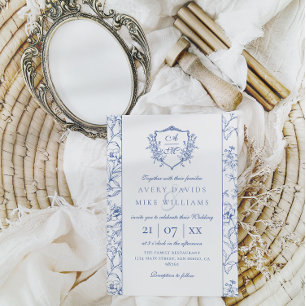 Elegantes Vintages Wappen Dusty Blue Floral Weddin Einladung