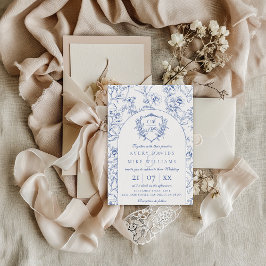 Elegantes Vintages Wappen Dusty Blue Floral Weddin Einladung