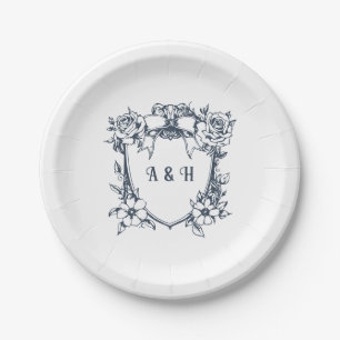 Elegantes Vintages Wappen mit Blumen und Monogramm Pappteller