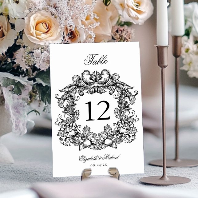 Elegantes Vintages Wappen Schwarz-weiß Hochzeit Tischnummer (Von Creator hochgeladen)