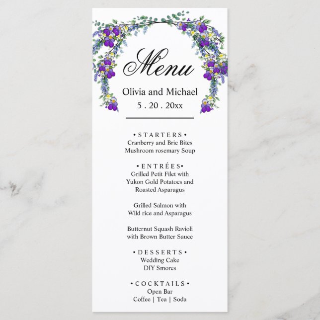 Elegantes Violett Hochzeitsmenü Menükarte (Vorderseite)