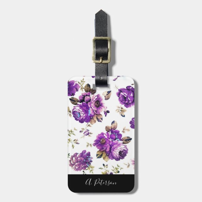 Elegantes violettes Blumenmuster Gepäckstück Gepäckanhänger (Vorderseite vertikal)