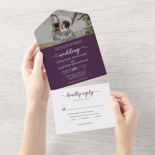 Elegantes violettes Monogramm-Foto-RSVP-Hochzeit All In One Einladung