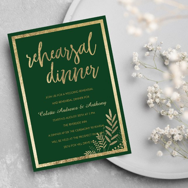 Elegantes Waldgrün Probe Einladung (Elegant forest green gold floral Rehearsal Dinner)