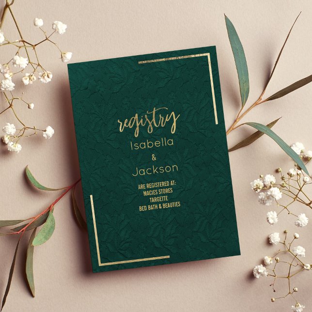 Elegantes, waldgrünes Gold, Blumenkataster Begleitkarte (Elegant forest green gold floral lace Registry Enclosure)