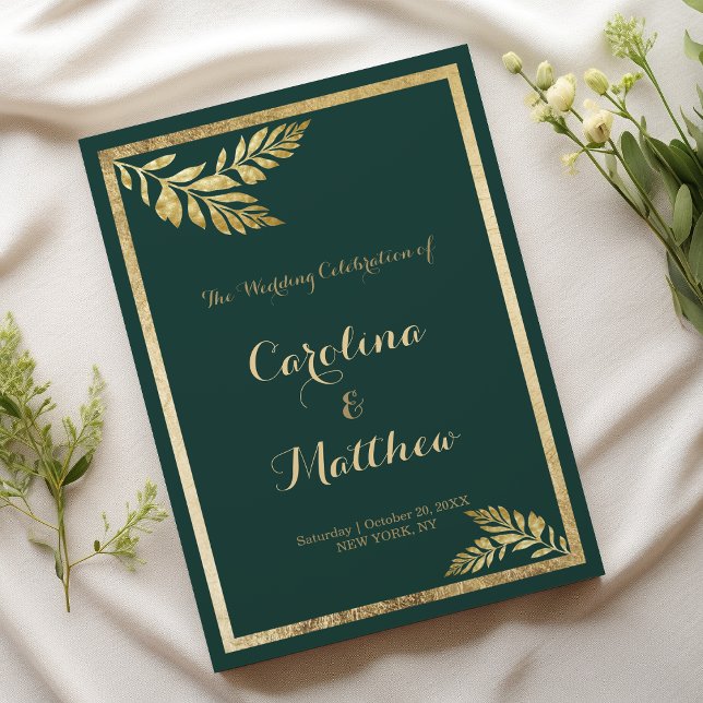 Elegantes, waldgrünes, goldenes Blattprogramm Programm (Elegant forest green golden leaf Wedding Menu)