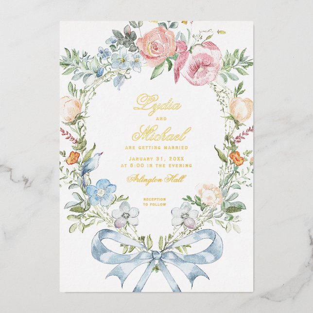 Elegantes Wappen für Blumenreath | Monogramm-Hochz Folieneinladung (Vorderseite)
