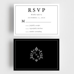 Elegantes Wappen-Hochzeitskartchen in Schwarz und RSVP Karte