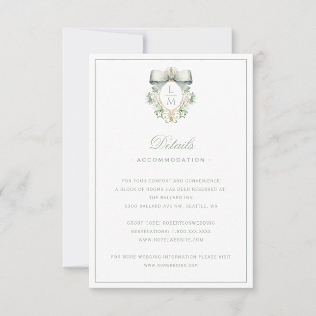 Elegantes Wappen mit Green Bow Details Einsteckkar Dankeskarte (Vorderseite)