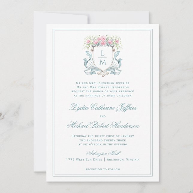 Elegantes Wappen mit Rose | Monografische Hochzeit Einladung (Vorderseite)