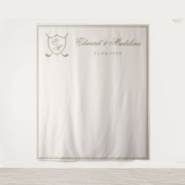 Elegantes Wappen Monogram Golf Wedding Foto Hinter Wandteppich (Vorderseite)