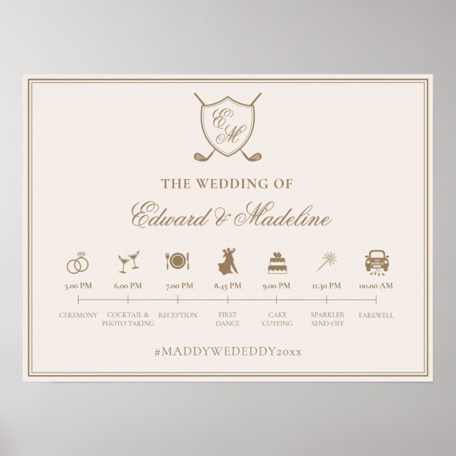 Elegantes Wappen Monogram Golf Wedding Timeline Poster (Vorne)