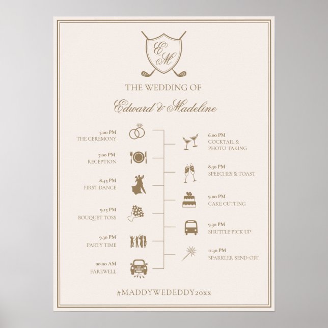 Elegantes Wappen Monogram Golf Wedding Timeline Poster (Vorne)