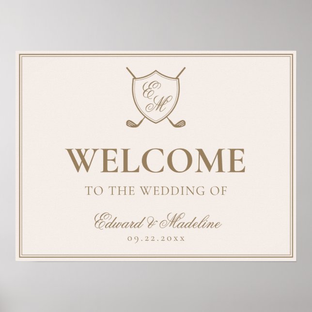 Elegantes Wappen Monogram Golf Wedding Willkommen Poster (Vorne)