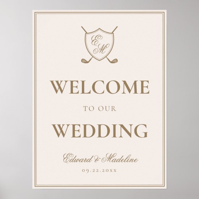 Elegantes Wappen Monogram Golf Wedding Willkommen Poster (Vorne)
