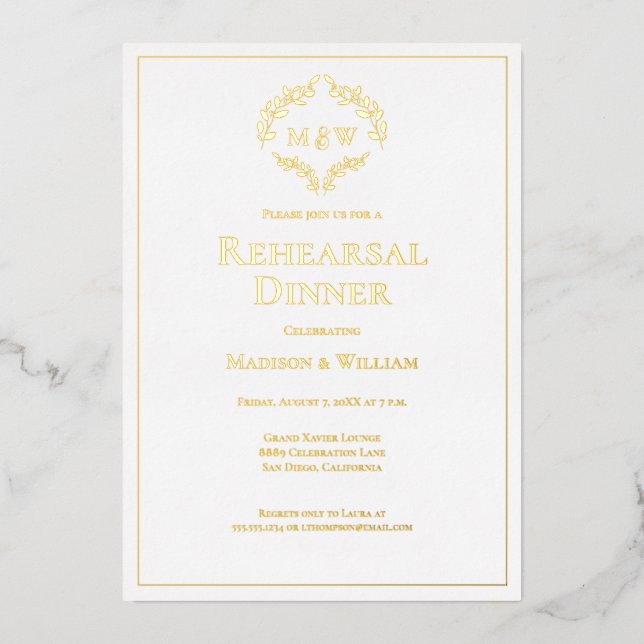 Elegantes Wappen Monogram Hochzeit Probe Dinner Folieneinladung (Vorderseite)