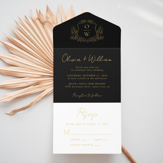 Elegantes Wappen Monogram Script Black Wedding All-in-One-Einladung (Von Creator hochgeladen)