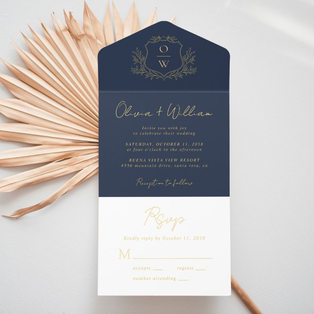 Elegantes Wappen Monogram Script Blue Wedding All-in-One-Einladung (Von Creator hochgeladen)