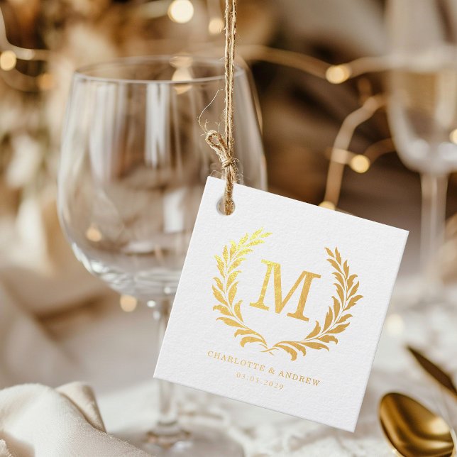 Elegantes Wappen Monogram Wedding Geschenkanhänger (Elegant Crest Monogram Square Foil Wedding Favor Tags)