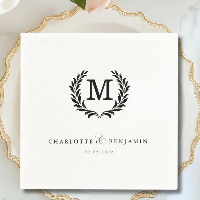 Elegantes Wappen Monogram White Wedding Serviette (Elegant Crest Monogram White Wedding Foil Napkins)
