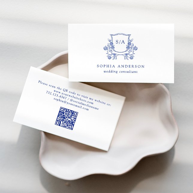 Elegantes Wappen und Monogramm | Blau und Weiß Visitenkarte (Von Creator hochgeladen)