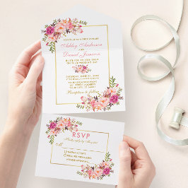 Elegantes Wasser Rosa Rosa Rosa Blush Floral Gold All In One Einladung