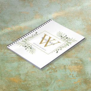 Elegantes Wasserfarbe-Grün-Monogramm-Name Notizblock