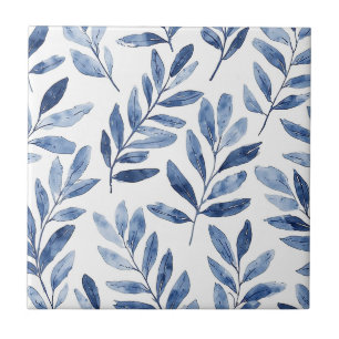 Elegantes Wasserfarben-Blattmuster Indigoblau Fliese