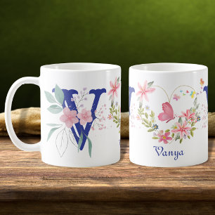 Elegantes Wasserfarben-Blumen-Schmetterling-Monogr Kaffeetasse