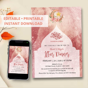 Elegantes Wasserfarben-Blumenmond-Iftar-Dinner Einladung