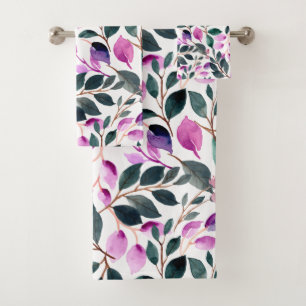 Elegantes Wasserfarben Blumenmuster Lila Grün Badhandtuch Set