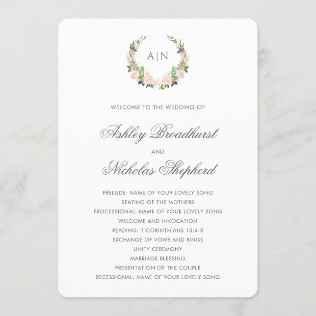 Elegantes Wasserfarben-Blumenwappen Hochzeit Programm (Vorderseite)
