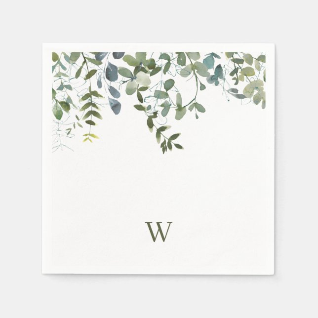 Elegantes Wasserfarben-Grün-Monogramm Serviette (Vorderseite)