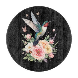 Elegantes Wasserfarben-Kolibri- und Blumenbouquet Schneidebrett