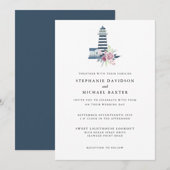 Elegantes Wasserfarben Leuchtturm Nautical Minimal Einladung (Vorne/Hinten)