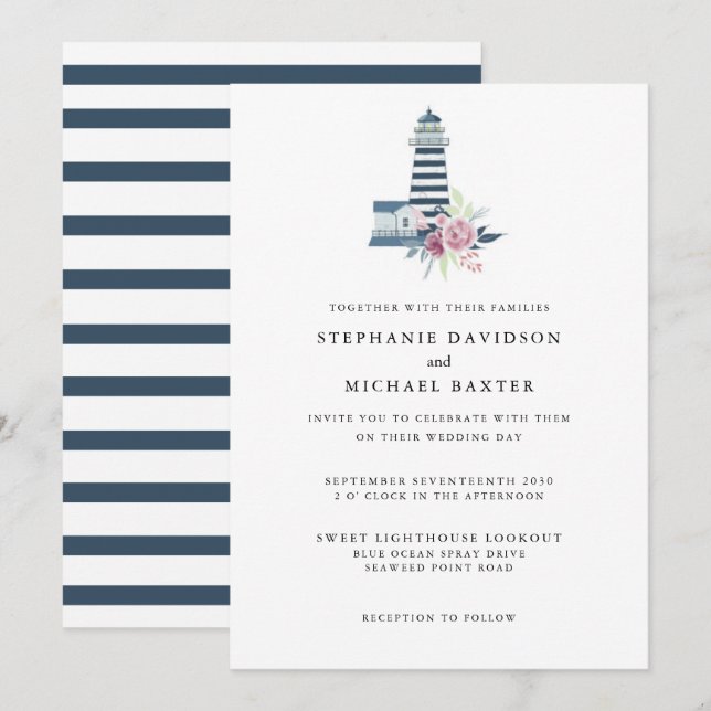 Elegantes Wasserfarben Leuchtturm Nautical Minimal Einladung (Vorne/Hinten)