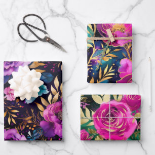 Elegantes Wasserfarben-Lila- und Türkis-Blumenmust Geschenkpapier Set