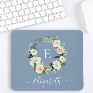Elegantes Wasserfarben-Pink-Floral-Dusty-Blue-Mono Mousepad