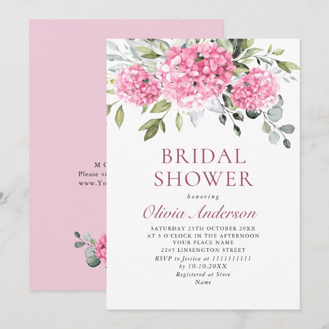 Elegantes Wasserfarben-Pink-Hydrangea-BRAUTPARTY Einladung (Vorne/Hinten)