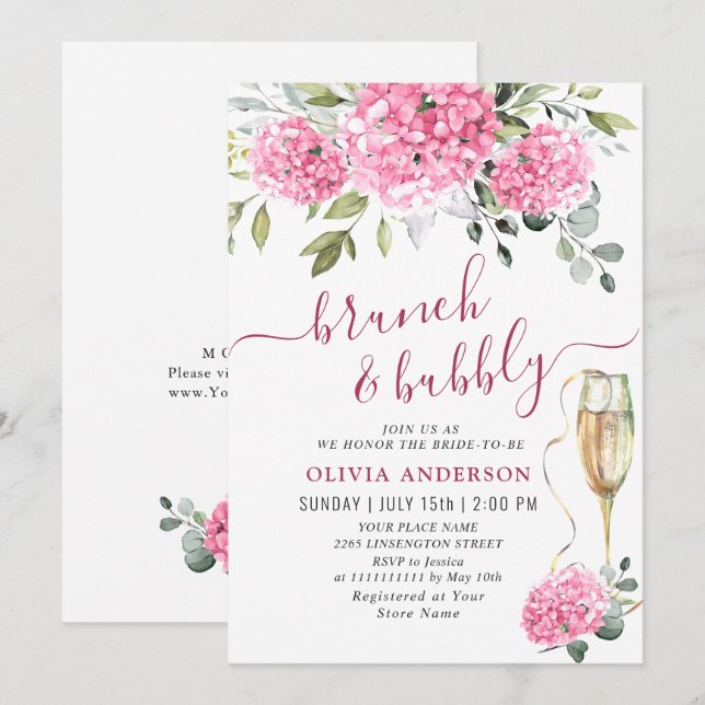 Elegantes Wasserfarben-Pink-Hydrangea-BRAUTPARTY Einladung (Vorne/Hinten)