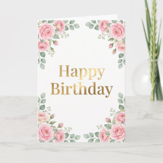 Elegantes Wasserfarben-Rosa-Blumen-Gold-Geburtstag Karte