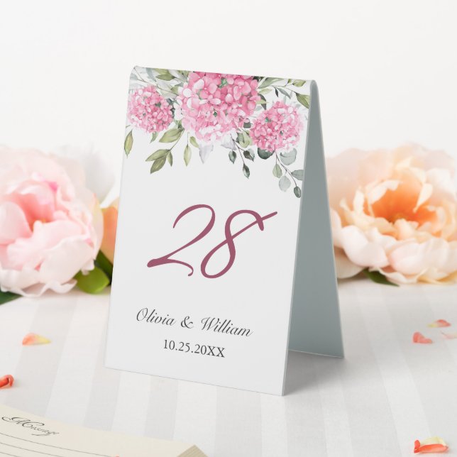 Elegantes Wasserfarben Rosa Blush Hydrangea Hochze Tischaufsteller (In Situ (Hochzeit))