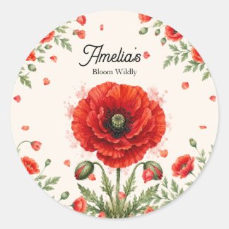 Elegantes Wasserfarben-Rotes-Mohn-Symmetrisches-Mo Runder Aufkleber