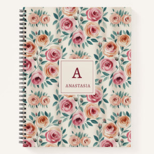 Elegantes Wasserfarben-Schönes Blumenmonogramm Notizbuch