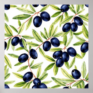 Elegantes Wasserfarben-Schwarzolivier-Nahtloses Mu Poster