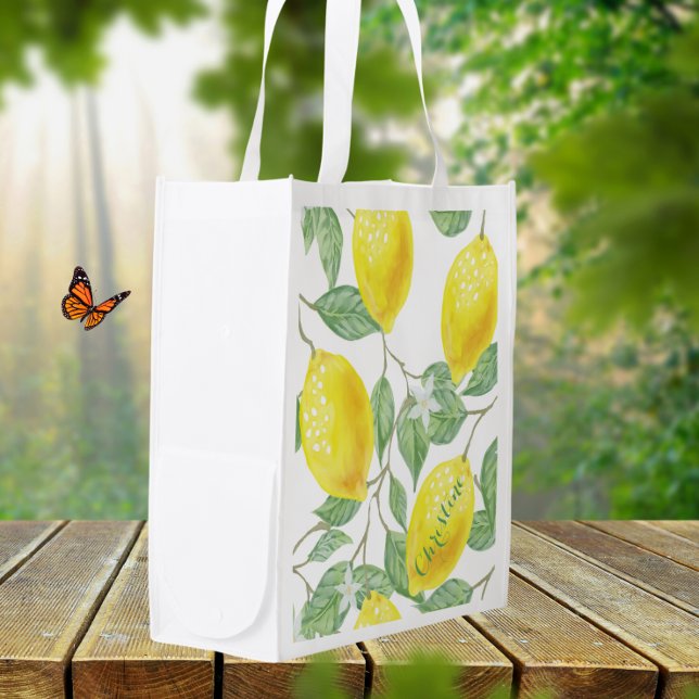 Elegantes, wasserfarbenes Zitronenmuster auf weiße Wiederverwendbare Einkaufstasche (Von Creator hochgeladen)